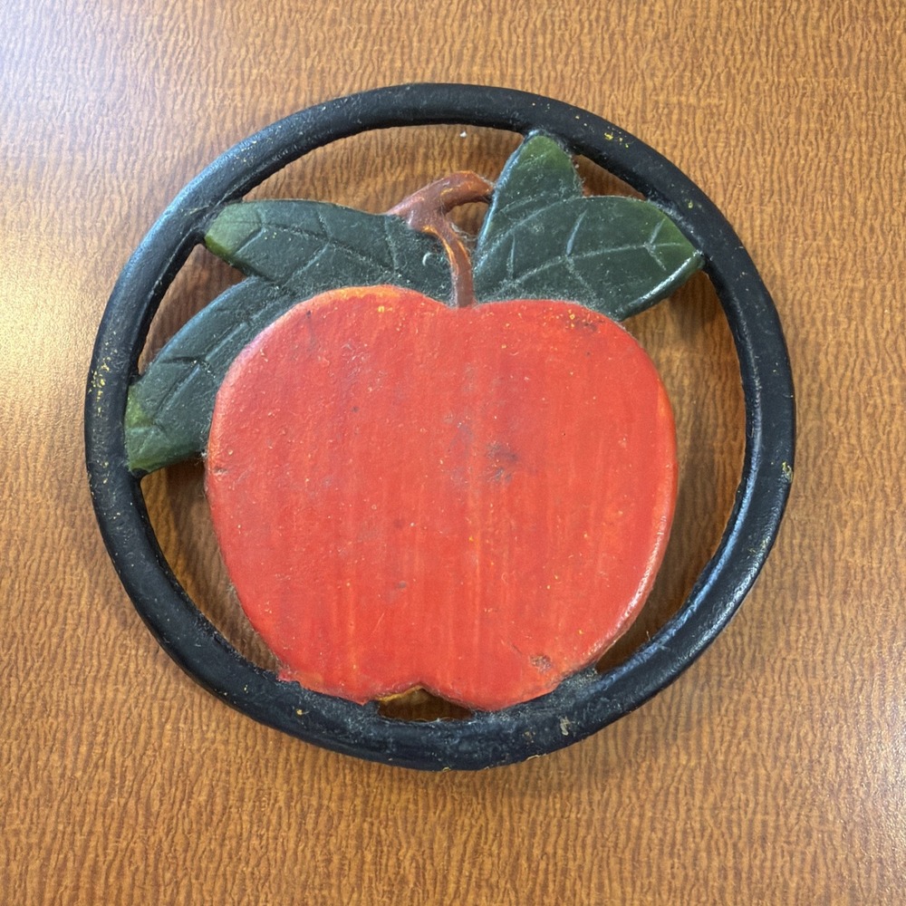 Vintage Cast Iron Cutout Red Apple Shaped Painted Trivet Hot Plate 5.25"
